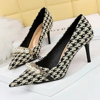 BIGTREE Escarpins à talons aiguilles et chaîne de perles de luxe pour femme – Idéal pour mariage, soirée et banquet