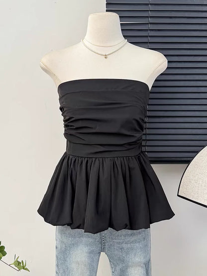 Women's Strapless Tube Top – Solid Color Pleated Sleeveless Camisole for Summer Casual Fashion