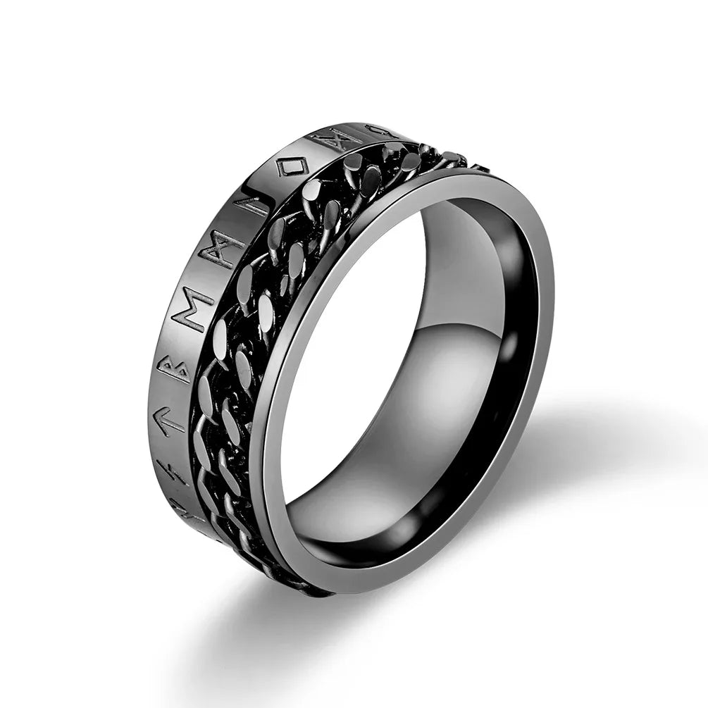 Roman Numeral Spinner Ring – Stainless Steel Chain Rotating Anxiety Fidget Ring for Men | Black Metal Stress Relief Jewelry