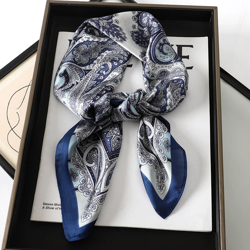 70x70CM Foulard en soie imprimé pour femme – Châle Pashmina carré tendance, tour de cou de luxe, bandeau et bandana décoratif