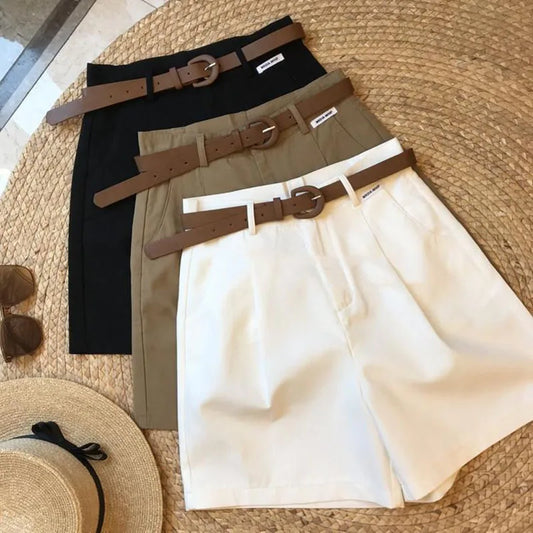 Pantalones cortos de mujer de pierna ancha de verano finos de algodón con cremallera en línea A, informales y sueltos, para oficina