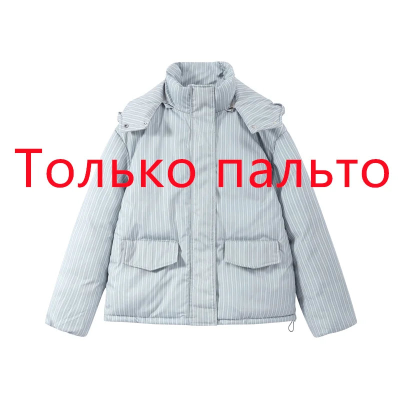 Women’s Winter Printed Coat & Pants 2-Piece Set – Warm Stand Neck Hooded Cotton Jacket with High-Waisted Pants, Chic Casual Outfit