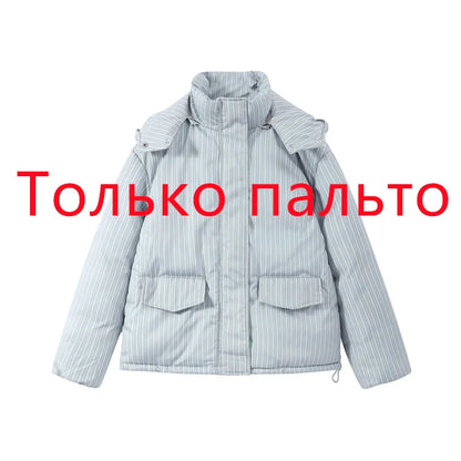 Women’s Winter Printed Coat & Pants 2-Piece Set – Warm Stand Neck Hooded Cotton Jacket with High-Waisted Pants, Chic Casual Outfit