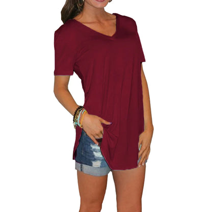 Women's Summer V-Neck Blouse – Solid Color Short-Sleeve Loose T-Shirt with Curved Hem, Casual Lightweight Top for Everyday Wear