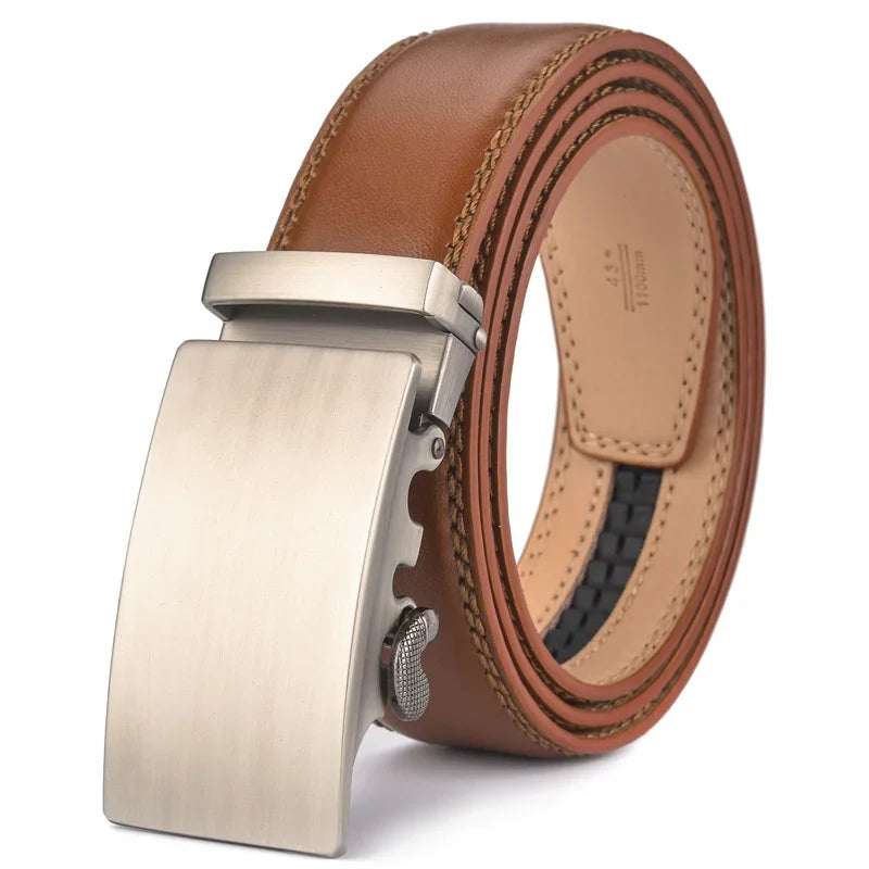 Plyesxale Men's Brown Leather Belt 2026 – Automatic Buckle Vintage Belt for Jeans, Luxury-Style Casual Waist Strap, Ceinture Homme B9