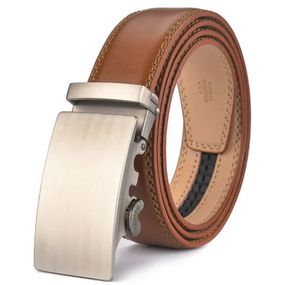 Plyesxale Men's Brown Leather Belt 2026 – Automatic Buckle Vintage Belt for Jeans, Luxury-Style Casual Waist Strap, Ceinture Homme B9