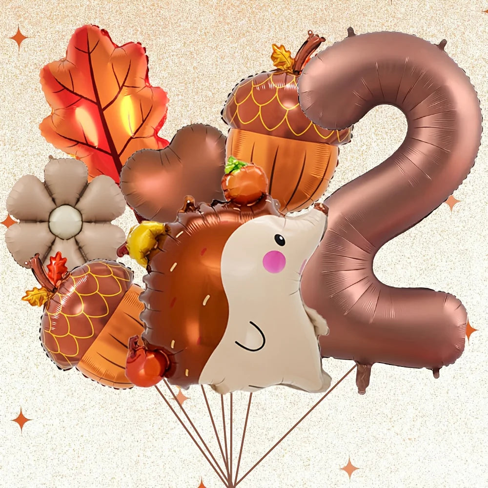 7PCS Autumn Pinecone & Hedgehog Balloon Set – 40-Inch Number Balloons 1–9 for Birthday, Thanksgiving Party Decor & Photo Props