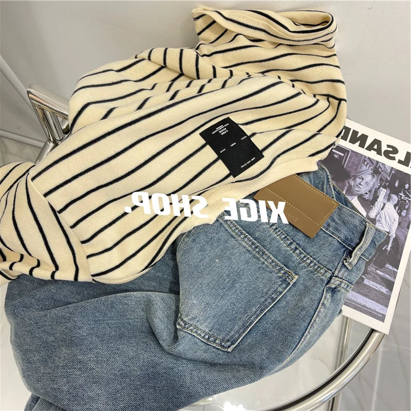 Women’s Korean Style Oversize Striped T-Shirt Loose Casual Short Sleeve Cotton Summer Commute Top