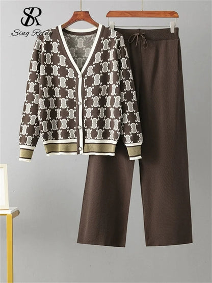 SINGREINY Conjunto de dos piezas de punto para mujer con cuello en V, top estampado de manga larga y pantalones de cintura elástica