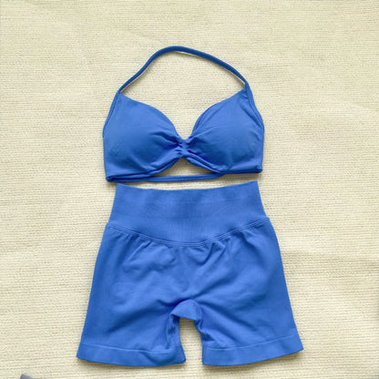Women’s Seamless Yoga Set – 2PCS Strappy Sports Bra & High Waist Scrunch Shorts Gym Workout Outfit