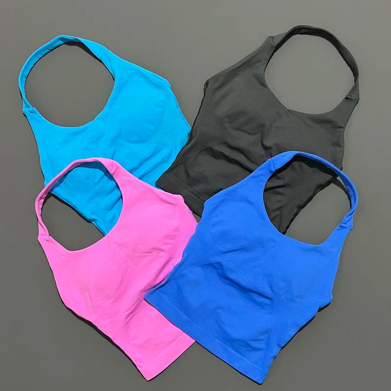 HISTELLO Women’s Seamless Longline Halter Sports Top – Built-in Bra with Removable Cups Yoga & Gym Tank Activewear
