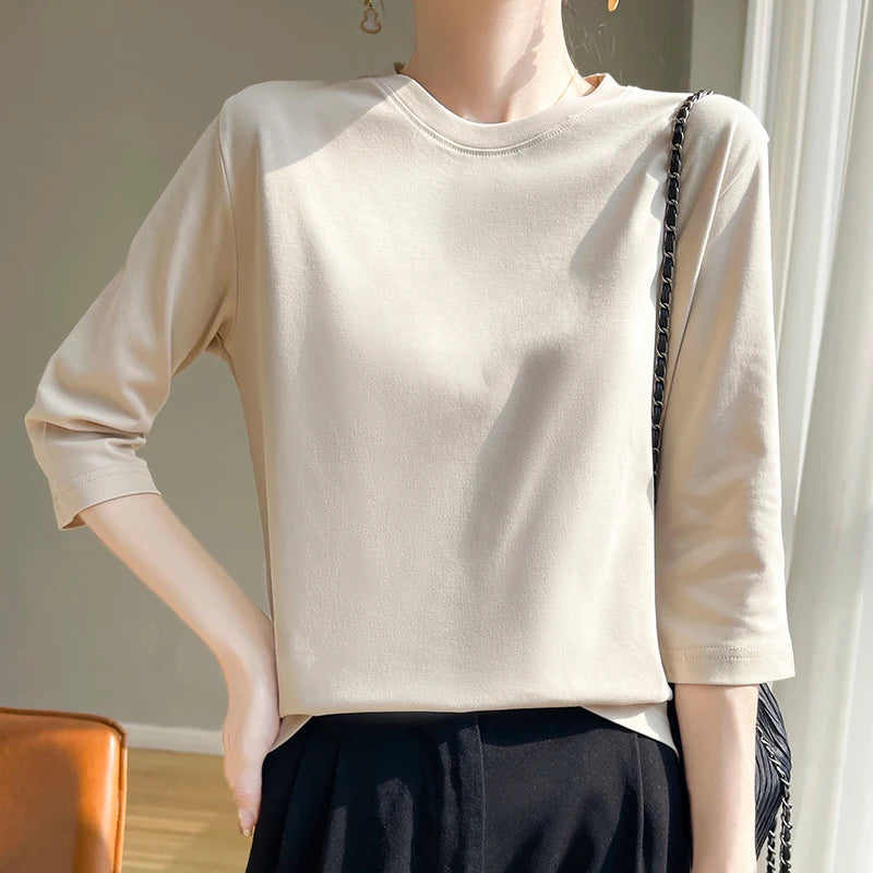 Camiseta de algodón mercerizado para mujer, manga corta, cuello redondo, top básico suave de verano