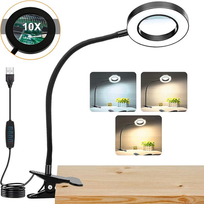 10X LED Magnifying Desk Lamp – 3 Color Light Modes Clamp Magnifier with Flexible Gooseneck for Reading & Nail Art