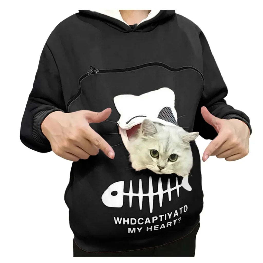 Women's Cute Cat Pocket Hoodie – Long Sleeve Casual Sweatshirt for Spring, Autumn & Winter, Simple Commuter Top with Pet Pocket