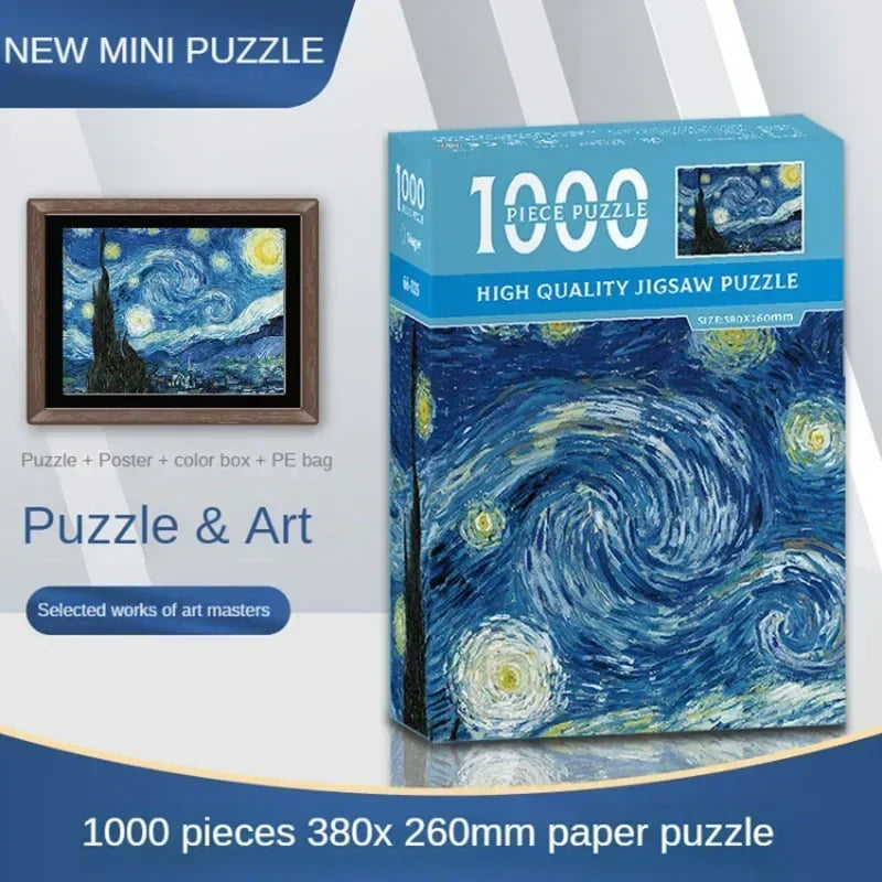 Mini puzzle de 1000 pièces – Puzzle de peinture à l'huile célèbre de Van Gogh pour adultes, jeu de puzzle d'art 38 × 26 cm, jouet éducatif casse-tête et cadeau de Noël