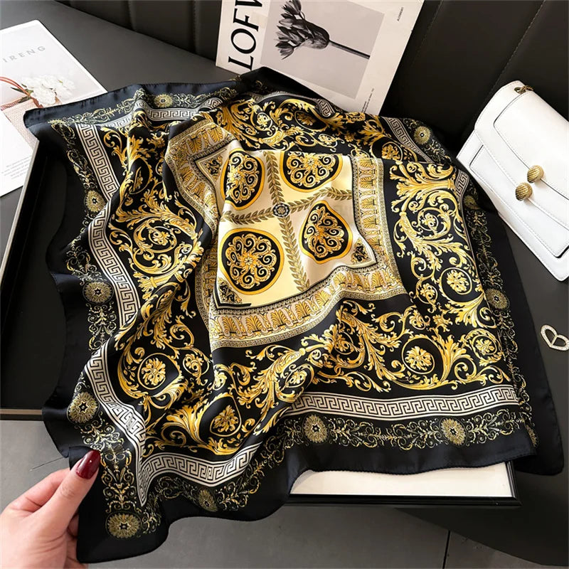 70x70CM Foulard en soie imprimé pour femme – Châle Pashmina carré tendance, tour de cou de luxe, bandeau et bandana décoratif