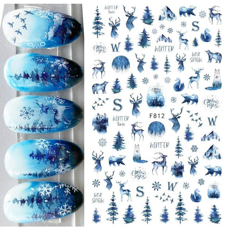 3D Christmas Nail Art Stickers – Snowflake & Winter Tree Nail Decals for Nail Tips Decoration