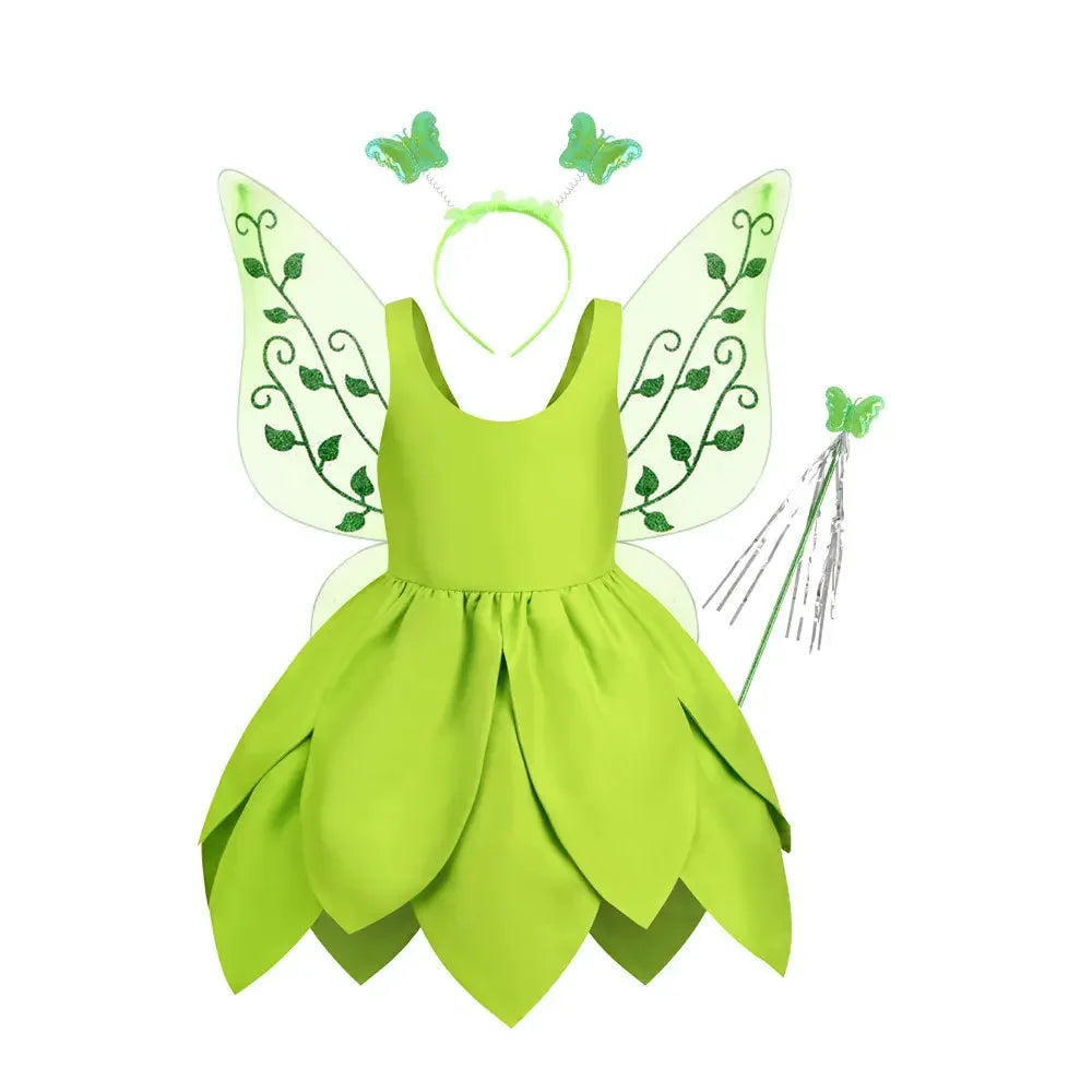 Tinker Bell Fairy Dress for Girls – Fantasy Forest Elf Green Leaf Cosplay Costume for Baby & Kids, Halloween Dress-Up