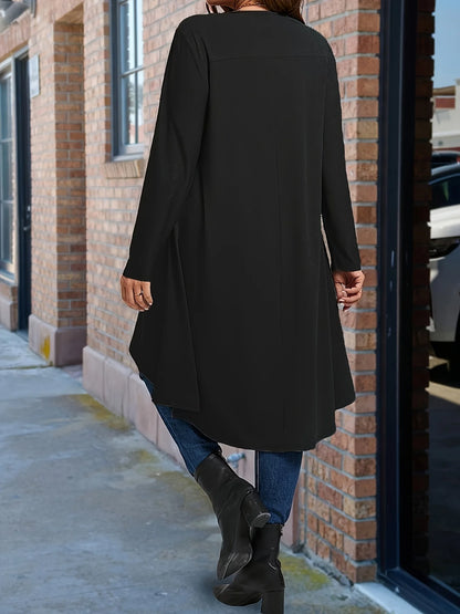 Plus Size Women's Asymmetrical Hem Long Sleeve Top – Elegant Round Neck Solid Color Casual Pullover Shirt