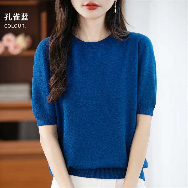 Women's 100% Wool Knitted Sweater – O-Neck Short-Sleeve Pullover, Warm Basic Casual Top for Fall & Winter, Available in 22 Colors