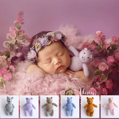 Accessoire Photo Ours en Peluche Tricoté Fait Main – Adorable Poupée Animal en Mohair au Crochet pour Séances Photo de Nouveaux-Nés & Stylisme Studio
