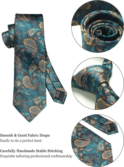 Corbata de seda 100% con diseño floral de Paisley para hombre con pañuelo de bolsillo, pasador de corbata y gemelos en caja de regalo