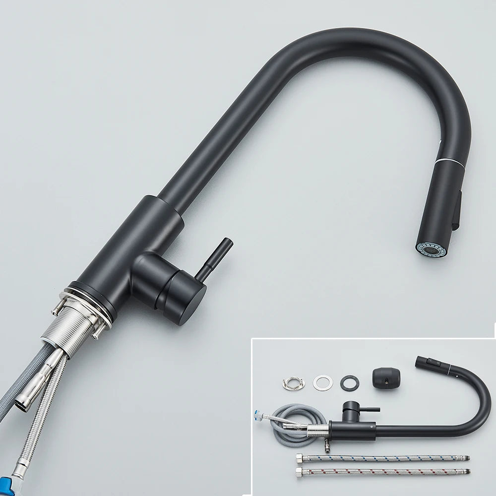 Black Kitchen Faucet – Single-Handle Pull-Out Mixer Tap with 2-Function Spray, Hot & Cold Water, Deck-Mounted Sink Faucet
