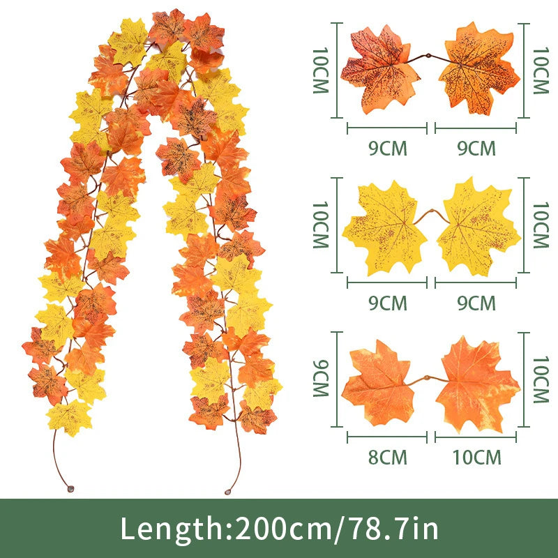 2M Artificial Maple Leaf Garland – Faux Fallen Leaves Autumn Rattan Decor for Thanksgiving, Halloween, Wedding, Christmas & Holiday Festivals