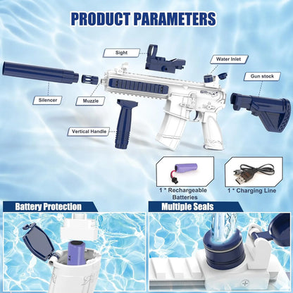 Pistola de agua eléctrica Unilabo M416 – Lanza agua automática a batería con accesorio de botella externa para diversión veraniega al aire libre para niños y adultos