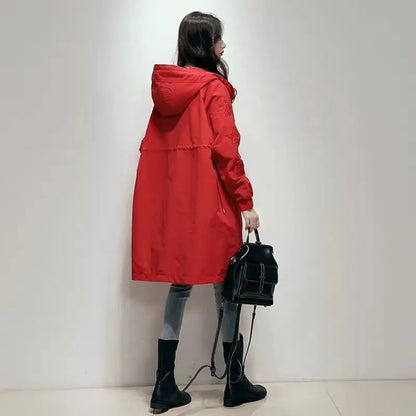 Women’s Long Embroidered Windbreaker – Chic Loose-Fit Coat with Waist-Defining Design, Hong Kong-Inspired Spring & Autumn Outerwear