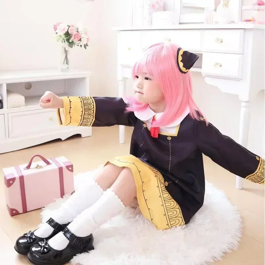Disfraz de Anya Forger de Spy × Family – Conjunto de Vestido Negro de Uniforme con Peluca Rosa y Medias para Niñas y Adultas, Traje para Fiesta de Halloween y Cosplay