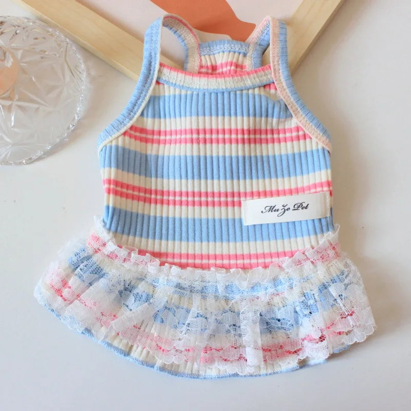 Vestido de verano para cachorros lindos para perros y gatos pequeños – Ropa de encaje a rayas para mascotas, camiseta y falda para perras Chihuahua, Yorkie, Bichon