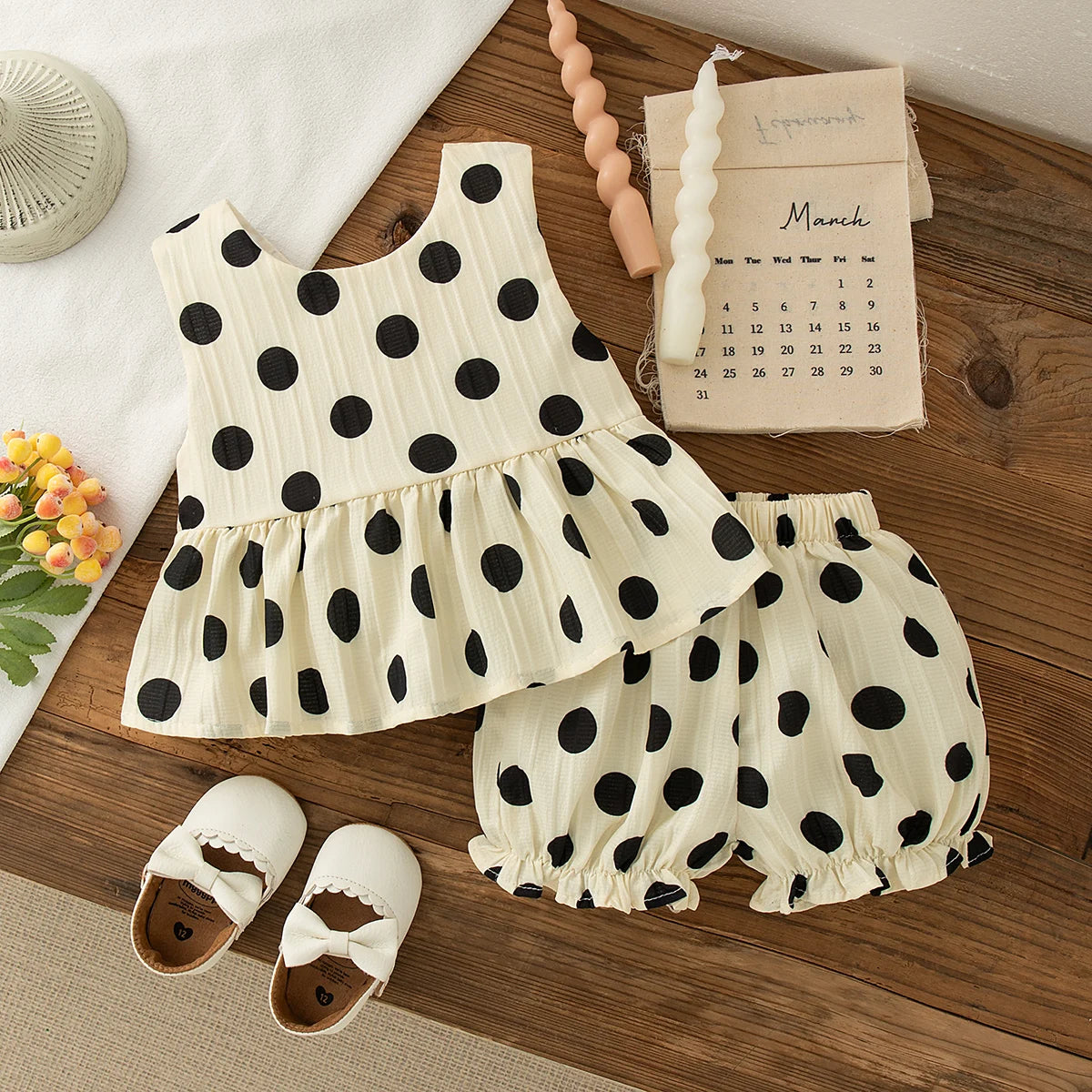 Baby Girl Bow Top & Polka Dot Shorts Set Sleeveless Summer 2-Piece Outfit for 6 Months–3 Years