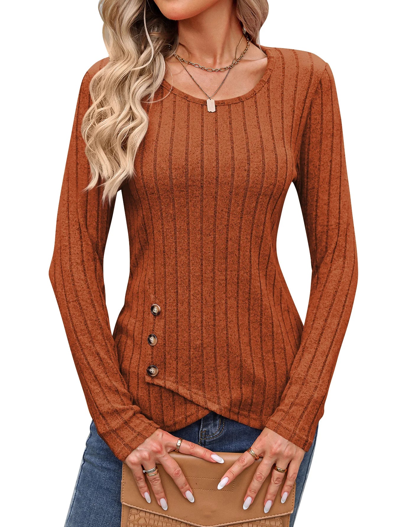 Women's Western Long Sleeve Top – Round Neck Fitted Waist-Cinched T-Shirt for Autumn Casual European & American Fashion
