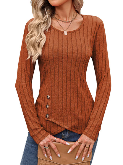 Women's Western Long Sleeve Top – Round Neck Fitted Waist-Cinched T-Shirt for Autumn Casual European & American Fashion