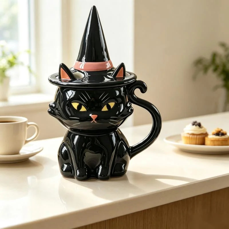 Black Cat Halloween Ceramic Mug – Cute Witch Hat Lid Coffee & Tea Cup for Home, Dorm & Parties, Cat Lover Gift