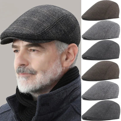 Men's Wool Beret Hat – Herringbone Flat Cap for Autumn & Winter, Classic Artist Painter Style Hat for Men