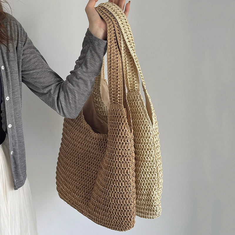 Sac à bandoulière en rotin tressé pour femmes – Grand sac cabas en paille tressée, sac de plage d'été pour femmes, sac de voyage décontracté pour les vacances, le shopping et un usage quotidien