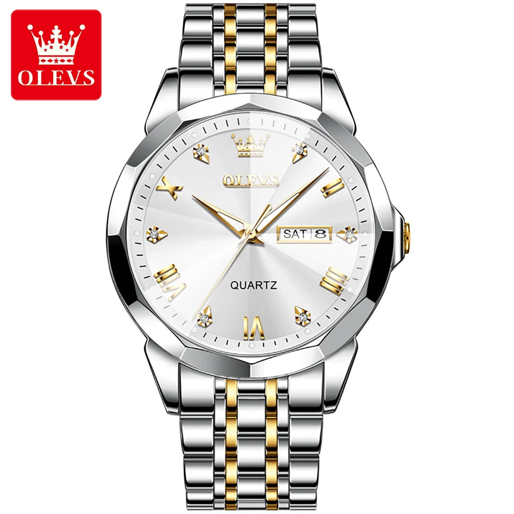 OLEVS 9931 Men’s Quartz Wristwatch – Luxury Diamond-Style Dial, Dual Calendar, Waterproof Design & Stainless Steel Strap