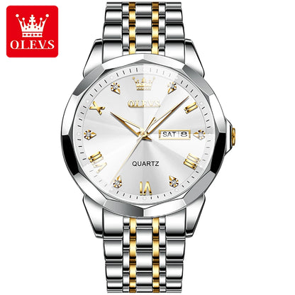 OLEVS 9931 Men’s Quartz Wristwatch – Luxury Diamond-Style Dial, Dual Calendar, Waterproof Design & Stainless Steel Strap