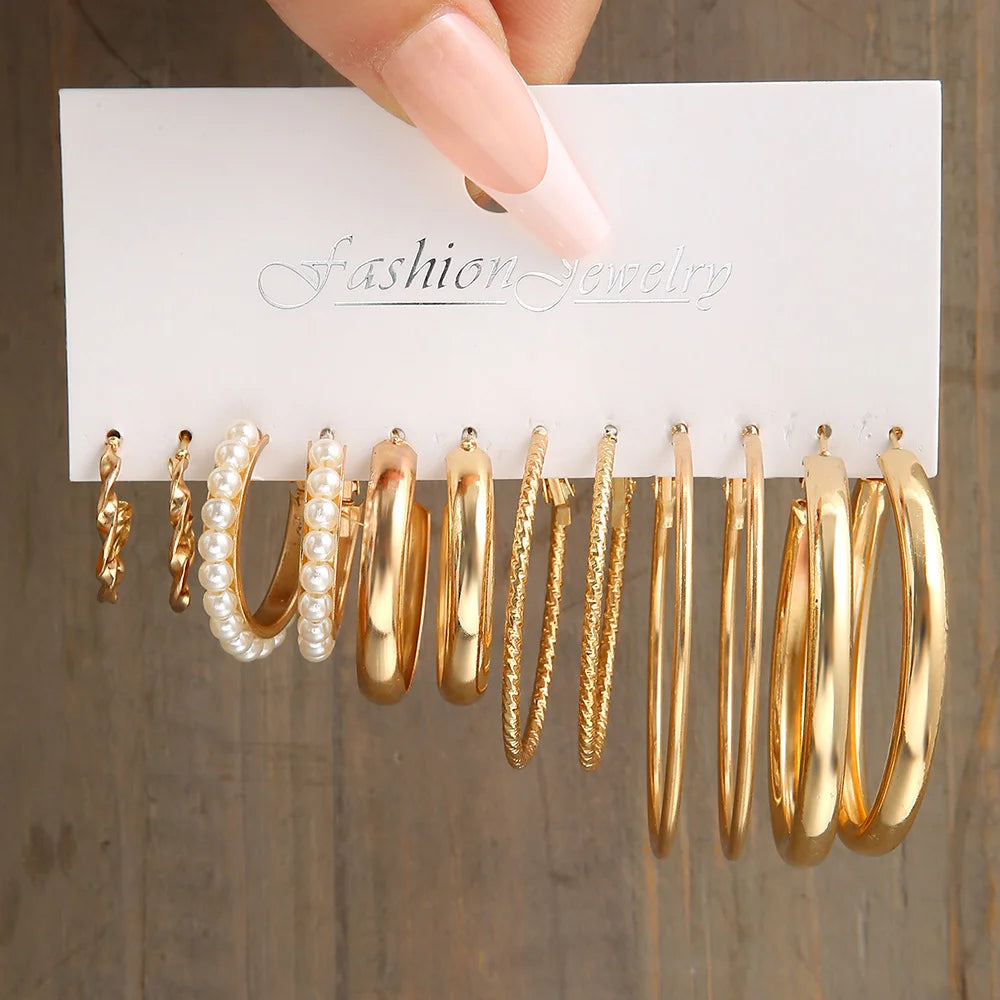 Boucles d'oreilles créoles dorées grand cercle pour femmes, ensemble bohème vintage, perle, cœur, zircon, clous, bijoux cadeau