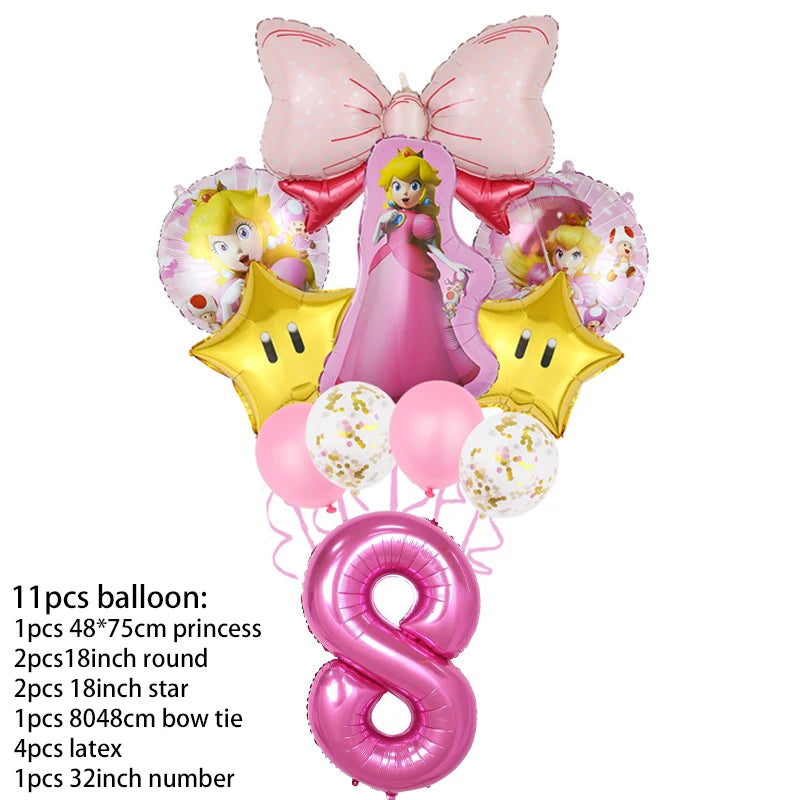 Princess Peach Party Supplies Set – Cartoon Anime-Themed Tableware, Balloons & Decorations for Children's Birthdays & Baby Showers