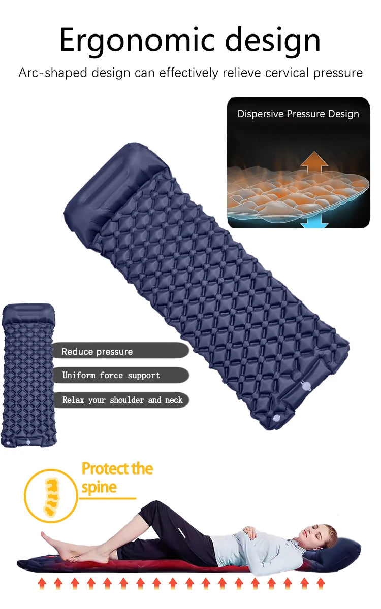 Matelas de camping gonflable d'extérieur – Tapis de couchage gonflable ultraléger avec pompe et oreiller intégrés pour la randonnée, le camping, les voyages et les aventures en plein air