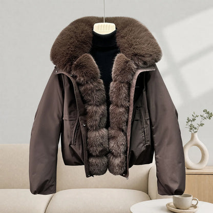 Women's 2026 Winter Parka Jacket Detachable Oversized Fur Collar Thick Cotton-Padded Coat Loose Fit Warm Short Puffer Outerwear for Students