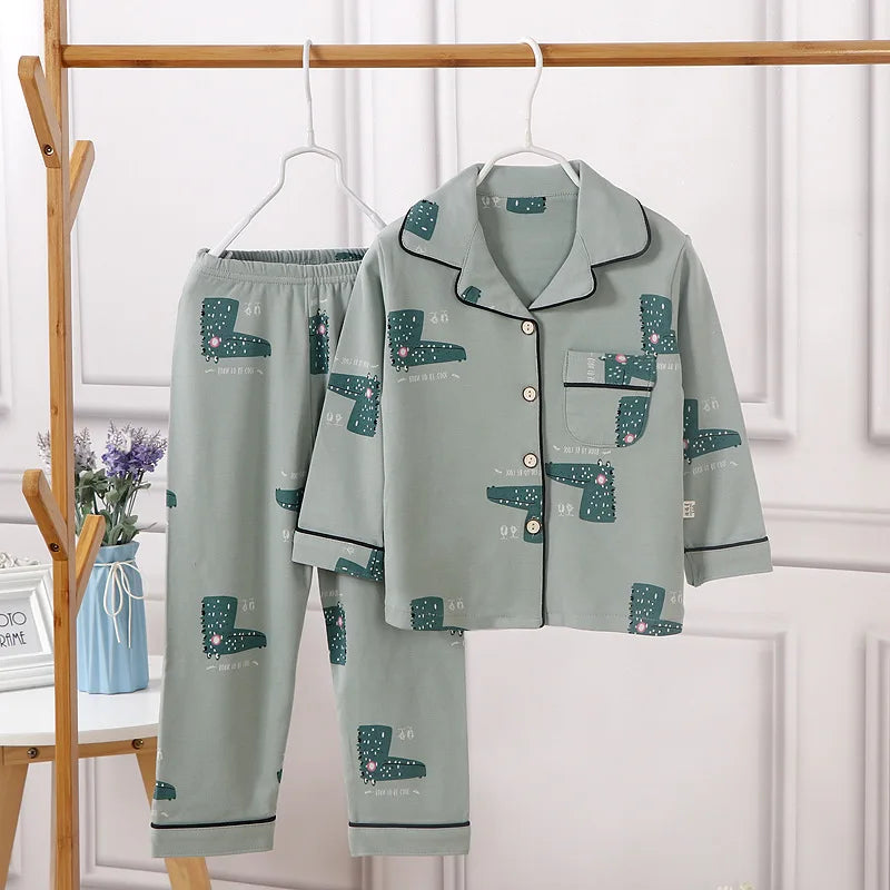 Kids' Cotton Pajama Set – Soft Cartoon Print Long-Sleeve Lapel Sleepwear for Boys & Girls, Comfortable Loose Spring Nightwear