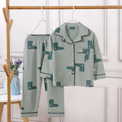 Kids' Cotton Pajama Set – Soft Cartoon Print Long-Sleeve Lapel Sleepwear for Boys & Girls, Comfortable Loose Spring Nightwear