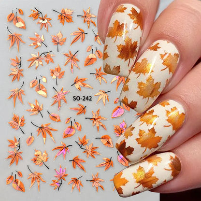 2pcs 3D Autumn Nail Stickers – Laser Maple Leaf Nail Art Decals for Fall Manicure Decoration