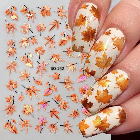 2 pegatinas 3D para uñas de otoño – Calcomanías láser de hoja de arce para decoración de manicura de otoño