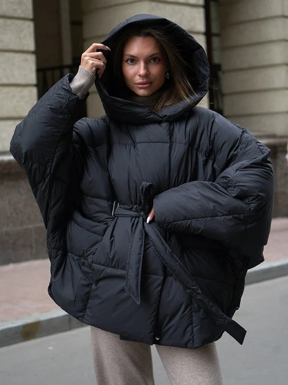Women's 2026 Hooded Puffer Coat Batwing Sleeve Quilted Winter Jacket with Tie Waist, Warm Loose Fit Casual Streetwear Outerwear