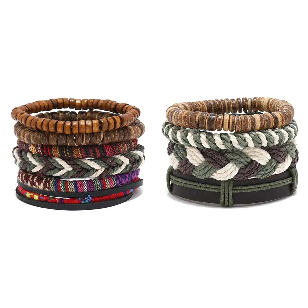 Bohemian Leather Bracelet for Men – Hand-Woven Wooden Bead Charm Bracelet | Vintage Fashion Jewelry Gift for Him